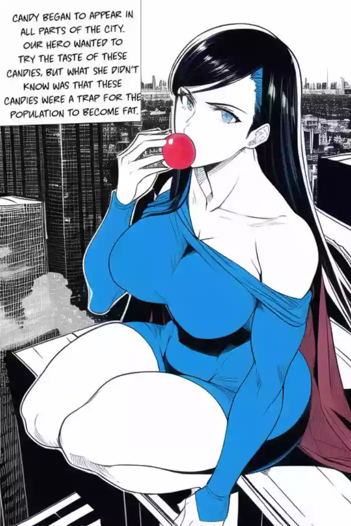Expanding Heroine:Confronting the Virus Villain, Page 1 to 12,  [FINISH] ,[Creator: HirumaDiabe, DeviantArt/Patreon], Weight gain anime girl, bbw, ssbbw, stuffing belly, SuperHero who gain a lot of weights because of a food addiction.